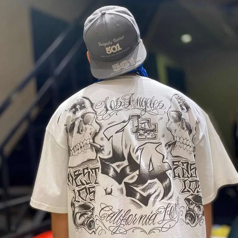Vintage Large Size Short Sleeve Tattoo Chicano T-Shirt Heavyweight 260G Loose Fit round Neck Shoulder Pad Summer Fashion