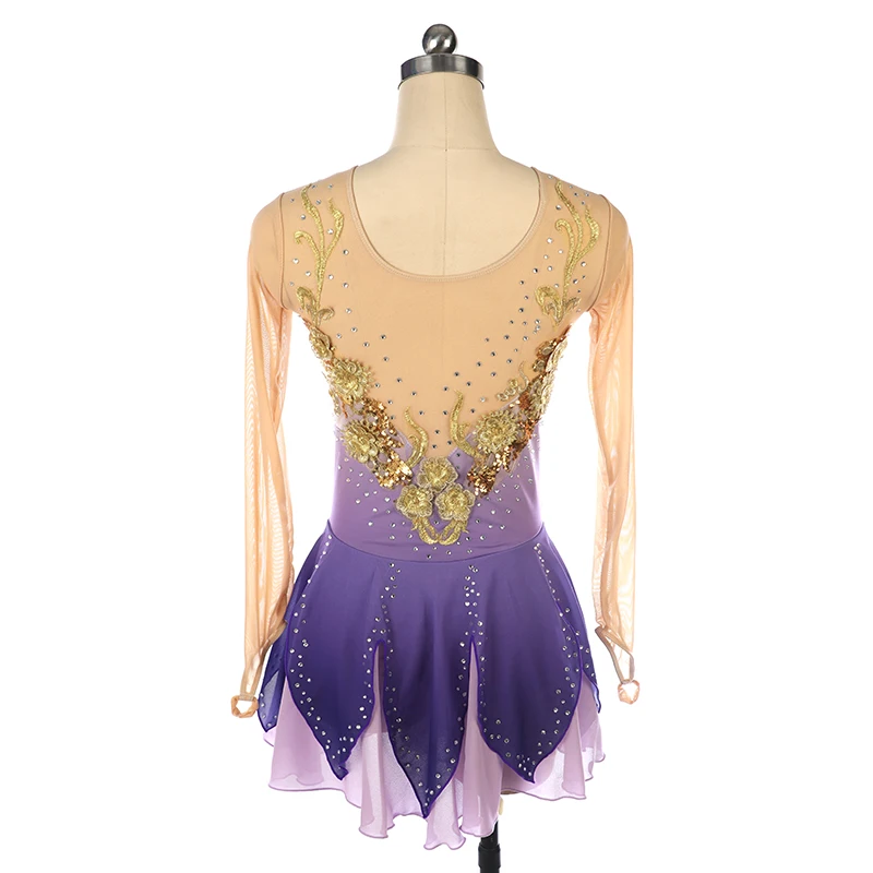 Figure skating performance outfit, skating outfit, competition dress, purple gradient gold floral long sleeved shirt view 5