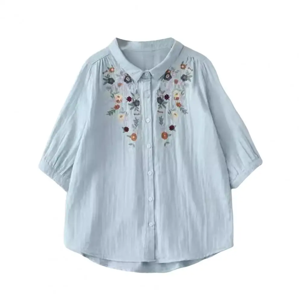 

Vintage Women Shirt Lapel 3/4 Sleeve Flower Embroidery Print Shirt Tops Single Breasted Loose Fit Casual Office Shirt