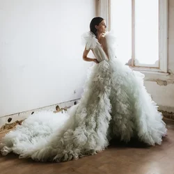 Stunning Ruffles Bridal Tulle Dress Mint Fluffy Long Train Prom Party Dresses Bride Wedding Gowns Photography Dress Props Custom