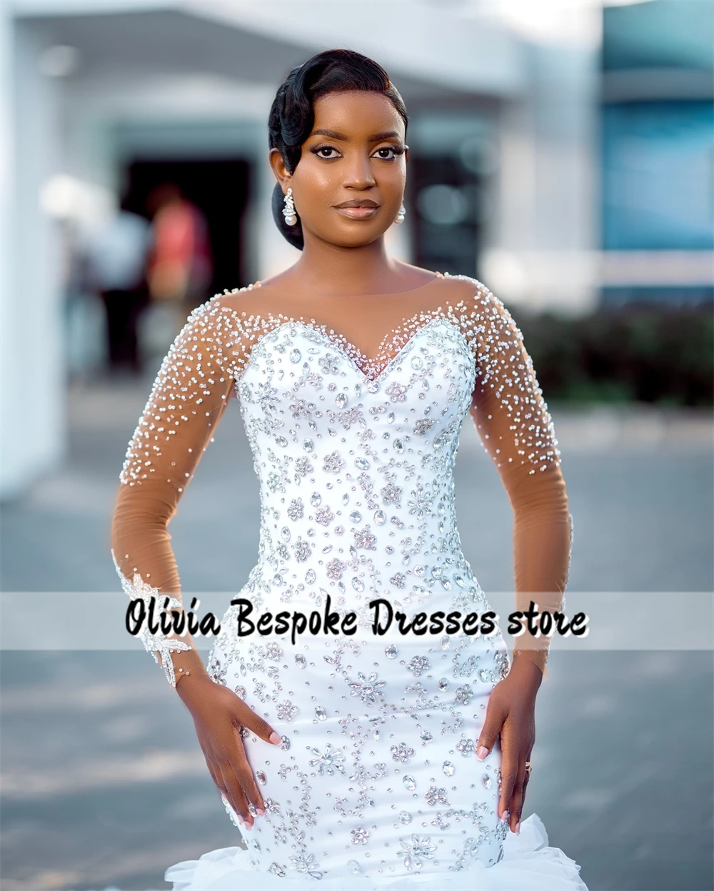 Notevole perline strass abito da sposa maniche lunghe tulle increspato treno Aso Ebi sirena abito da fidanzamento africano personalizzato