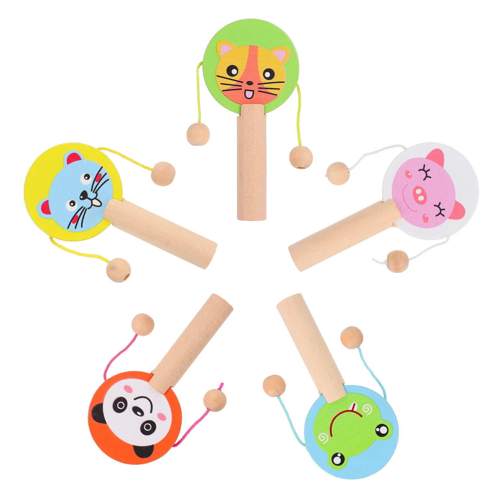 กลองเขย่ามือรูปสัตว์ 5 ชิ้น สำหรับเด็กเล็ก เสริมพัฒนาการด้านการเรียนรู้ สีสันสดใส ฝึกการได้ยิน พัฒนาการจับถือ ทำจากไม้