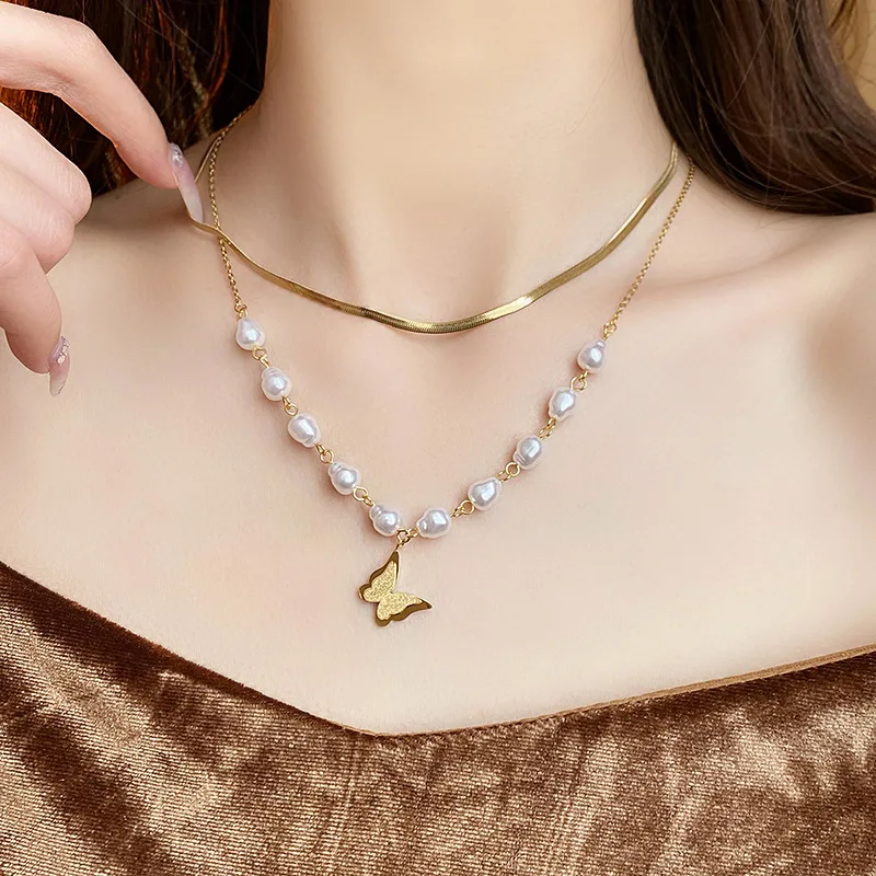 316L Stainless Steel New Fashion Fine Jewelry 2 Lyer Pearl Butterfly Heart Charm Thick Chain Choker Necklace Pendant For Women