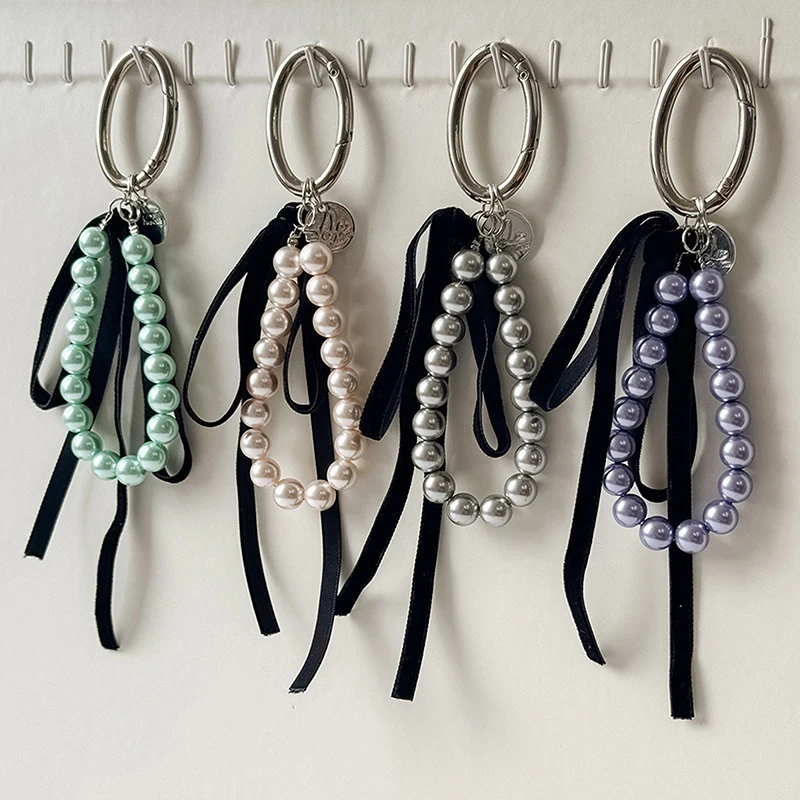 Elegant Pearls Ribbon Bowknot Keychain Bag Hanging Decoration Accessories Mobile Phone Lanyard Luxury Retro Beaded Key Rings