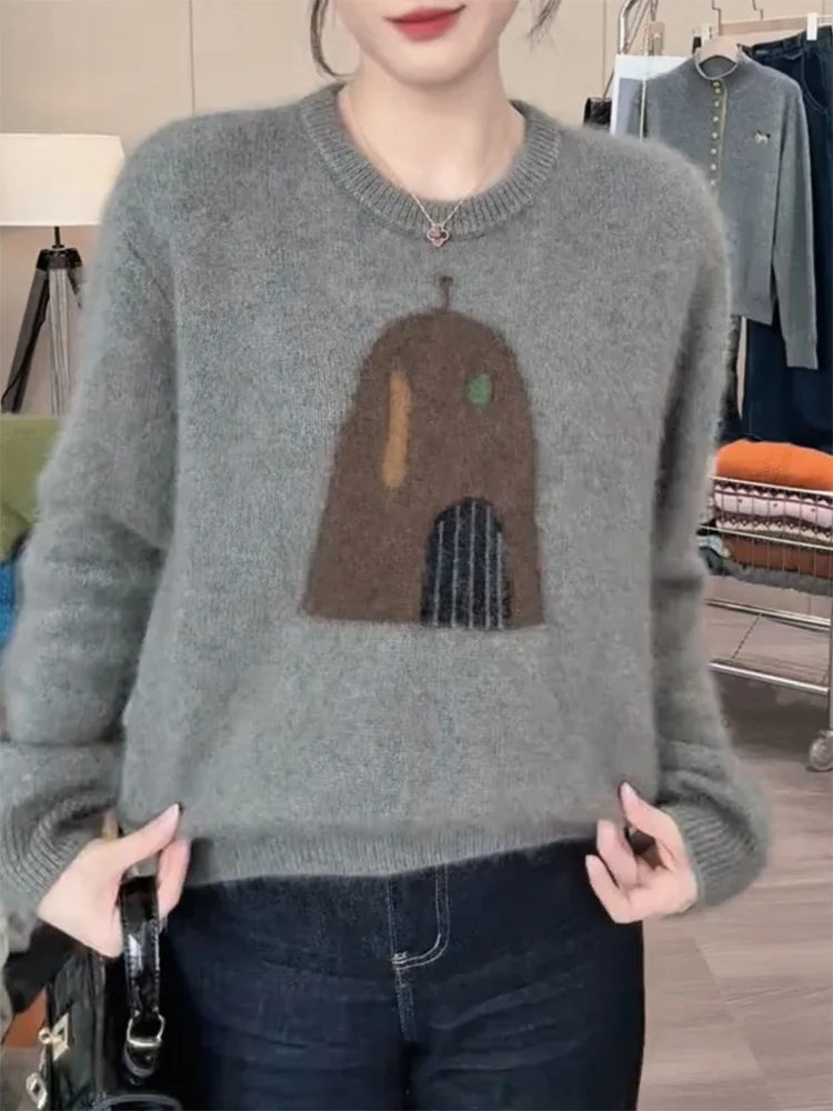 

Korean Sle Soft Plump Cartoon round Ne Sweater Autumn Winter New Large Size Ele Slimming Agel Top Women's Faion