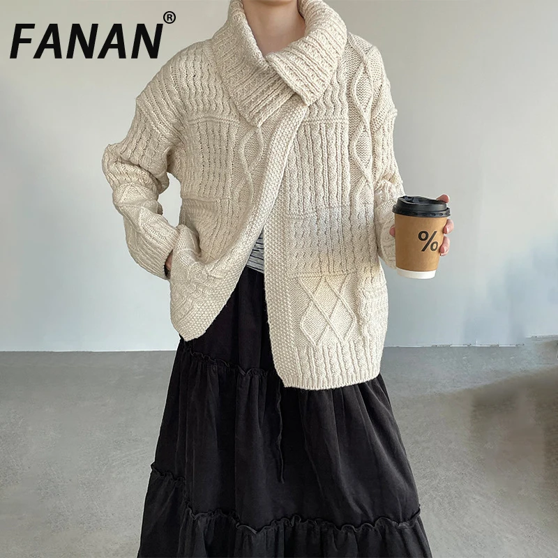 

FANAN нерегулярный дизайн, вязаный свитер с лацканами для женщин, однотонный кардиган, толстые теплые пальто с длинными рукавами, женские топы, новинка зимы 2023 г.