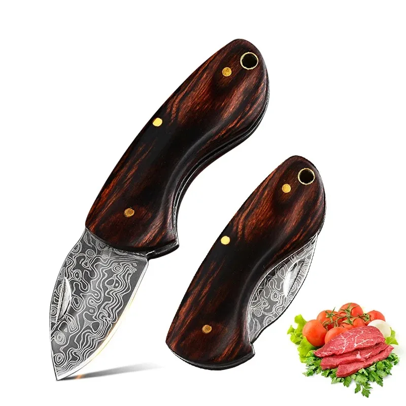 Folding Stainless Steel Kitchen Knife Laser Damascus Pattern Cleaver Slicing Boning Knife Wood Handle Paring Fruit Utility Knife