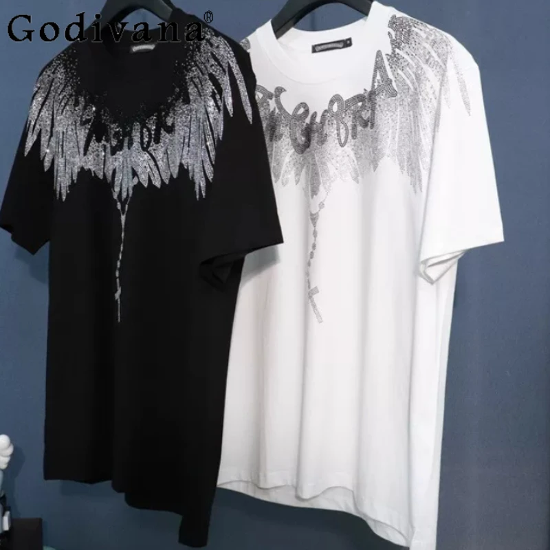 

Large Size Heavy Industry Hot Diamond Loose Handsome Short Sleeve T-shirt Men Fashion Personality Women Leisure Crew Neck Top