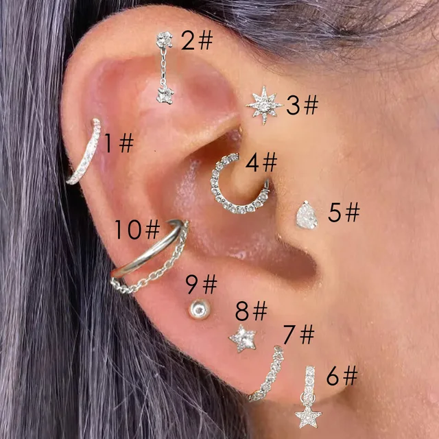1szt Kolczyki ze stali nierdzewnej Helix Daith dla kobiet Pierścionek z gwiazdą z łańcuszkiem Lobe Tragus Snug Ear Piercing Earings Biżuteria