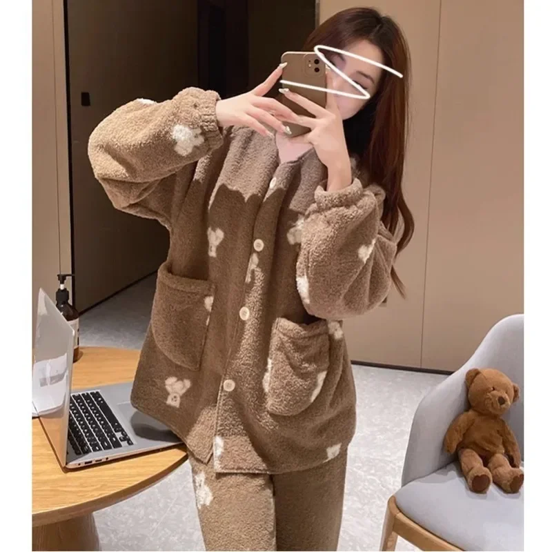 2Pcs/set women\'s pajamas winter coral fleece thickened warm students homewear V collar bear winter warm clothes young girls clot