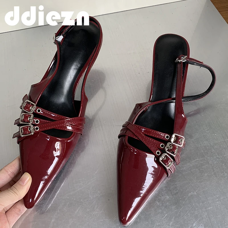 Ladies High Heels Slides Shoes Sandals Fashion Women Thin Heels Shoes Buckle Strap Career Shallow Female Pumps Wine Red Footwear