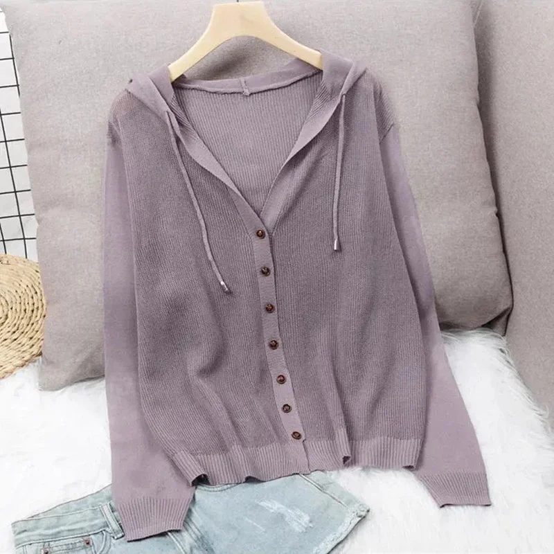 

Loose Knitted Hooded Cardigans for Women Thin Long Seeve Sunscreen Shirt Single Breasted Solid Knitwear Coat Tops Female L123