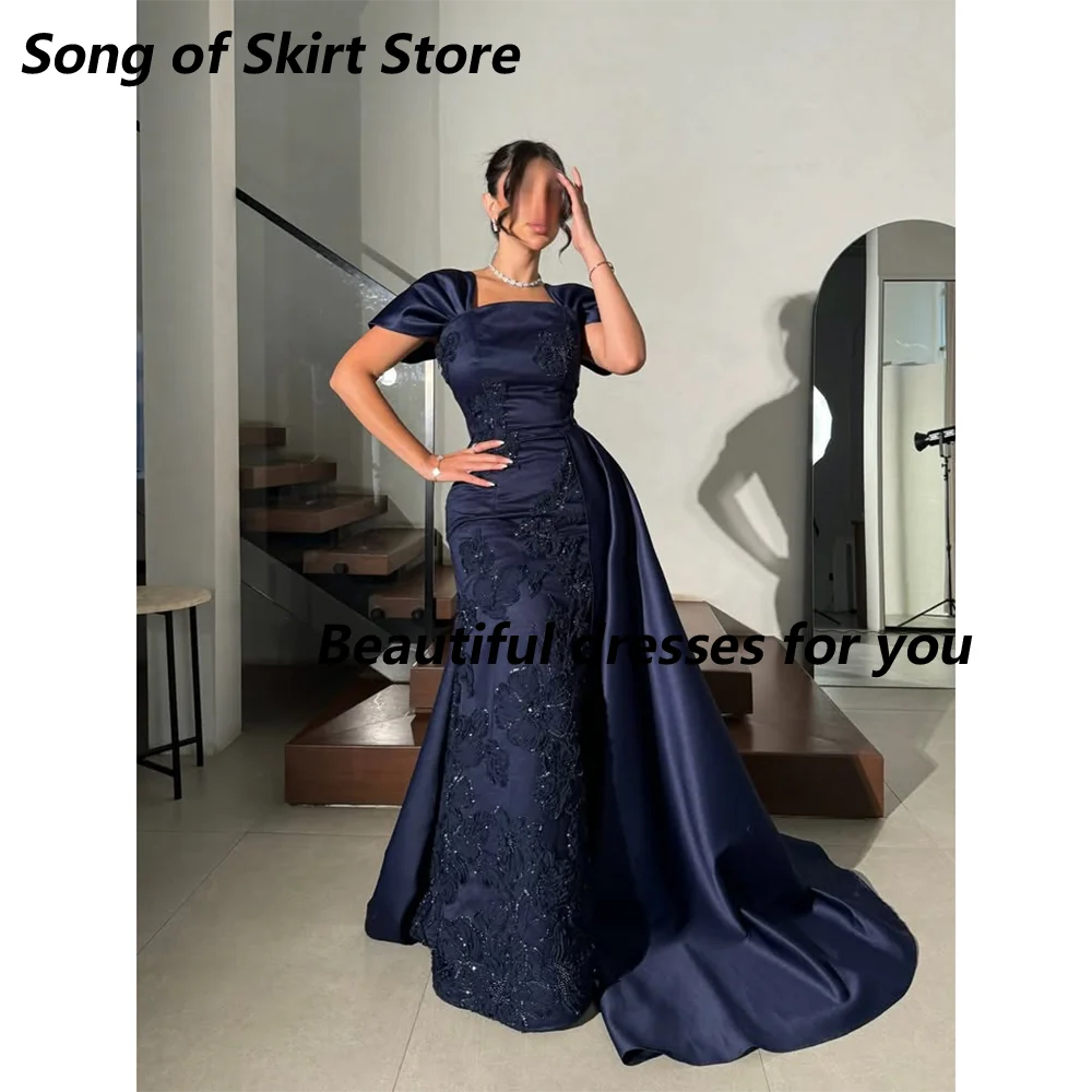 

Elegant Navy Long Evening Dresses for Women Square-Neck Applique Beads Mermaid Prom Gown Draped Side Sweep Train Customized