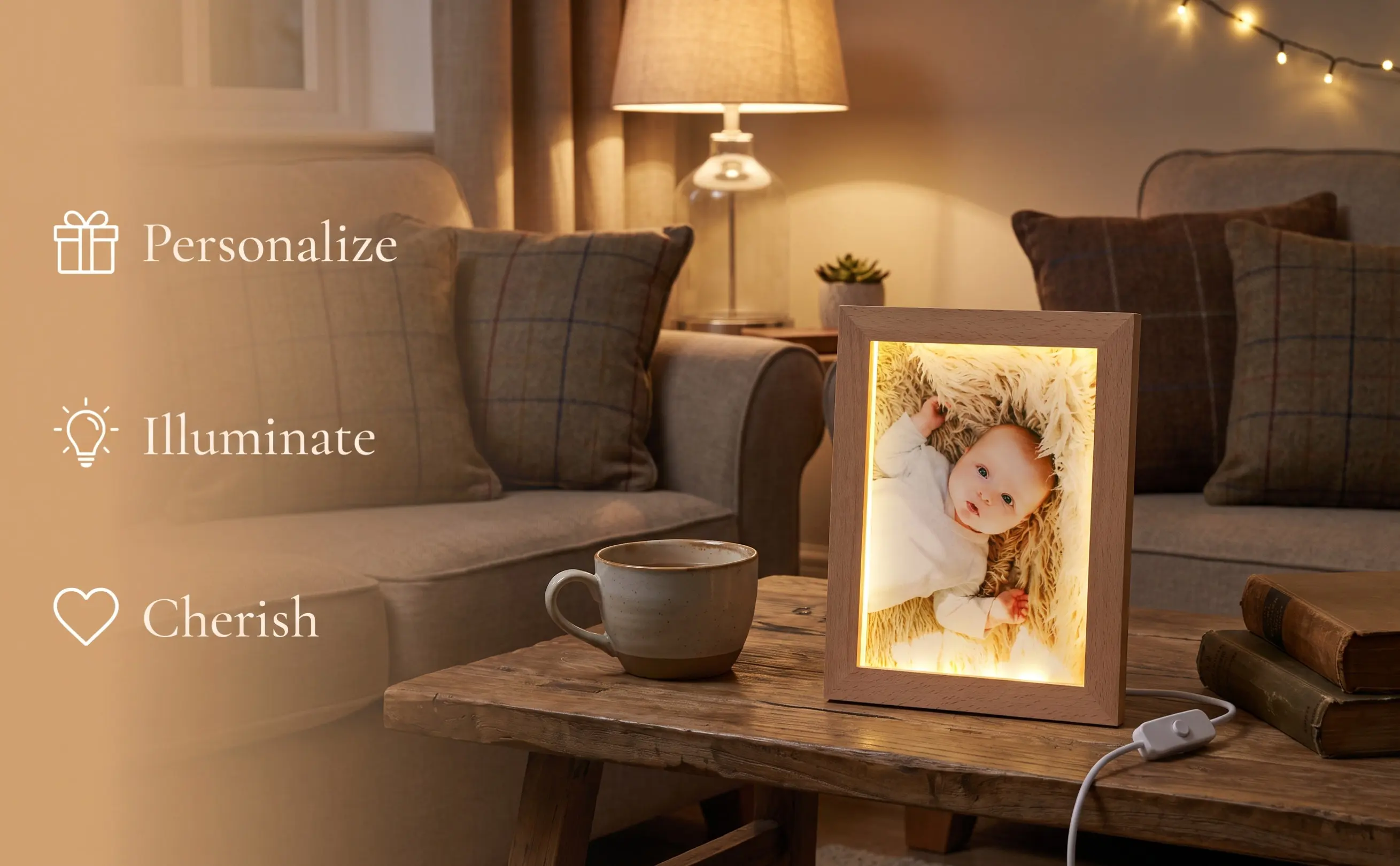 Lighted LED Picture Frame Wooden Night Light Photo Display Frame for Study Kitchen Shelf Table Top Home Decor Modern Chic Design