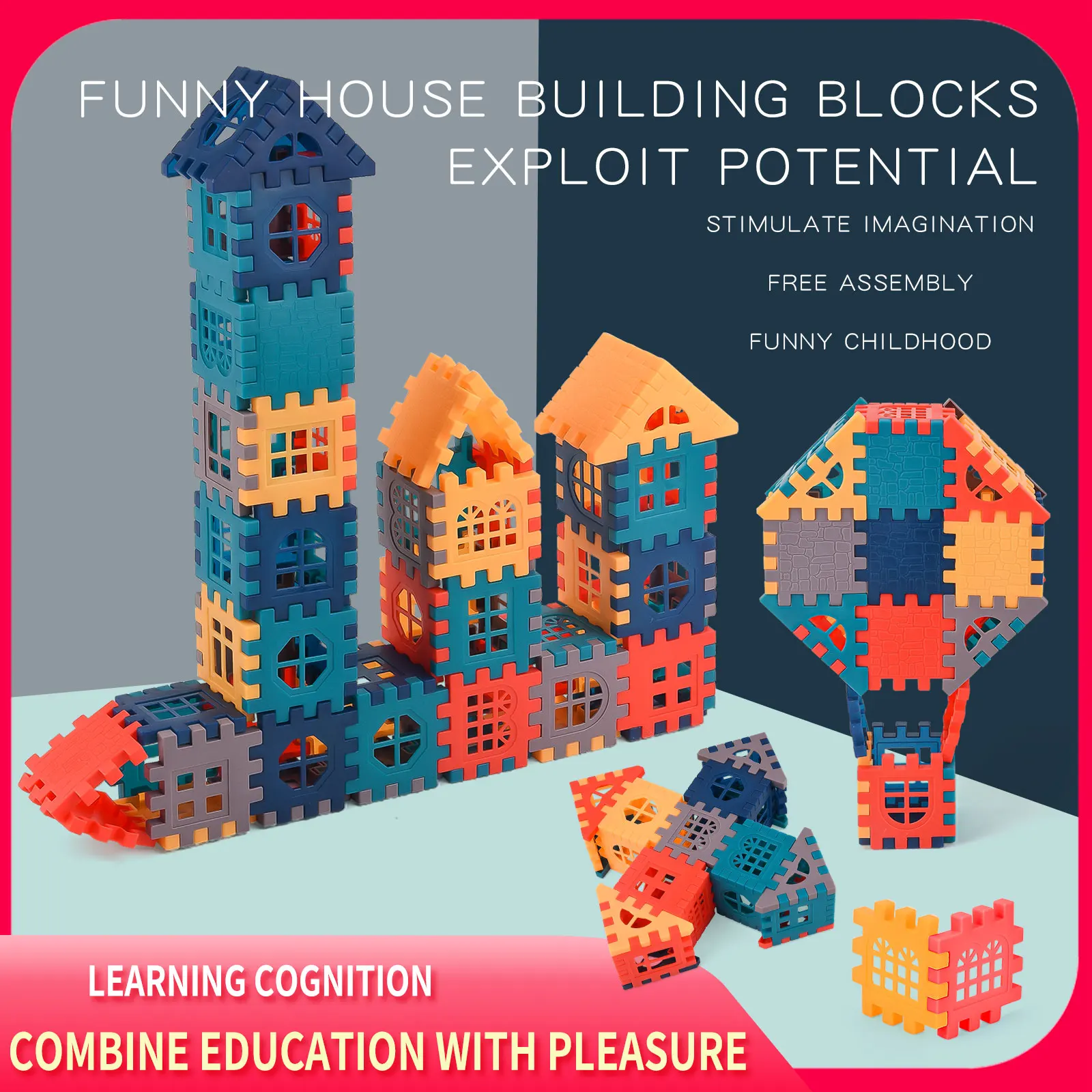 บล็อกตัวต่อพลาสติก Molandi สีเหลี่ยมสำหรับเด็กสร้างบ้านด้วยของเล่นแบบทำมือ