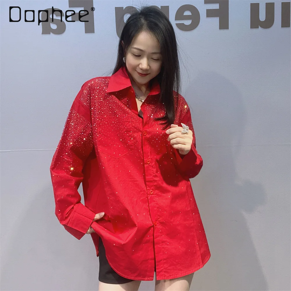 

Rhinestone Long Sleeve Shirt for Women 2026 New Loose Fashionable Versatile Turn-Down Collar Shirt Spring and Autumn Black Top