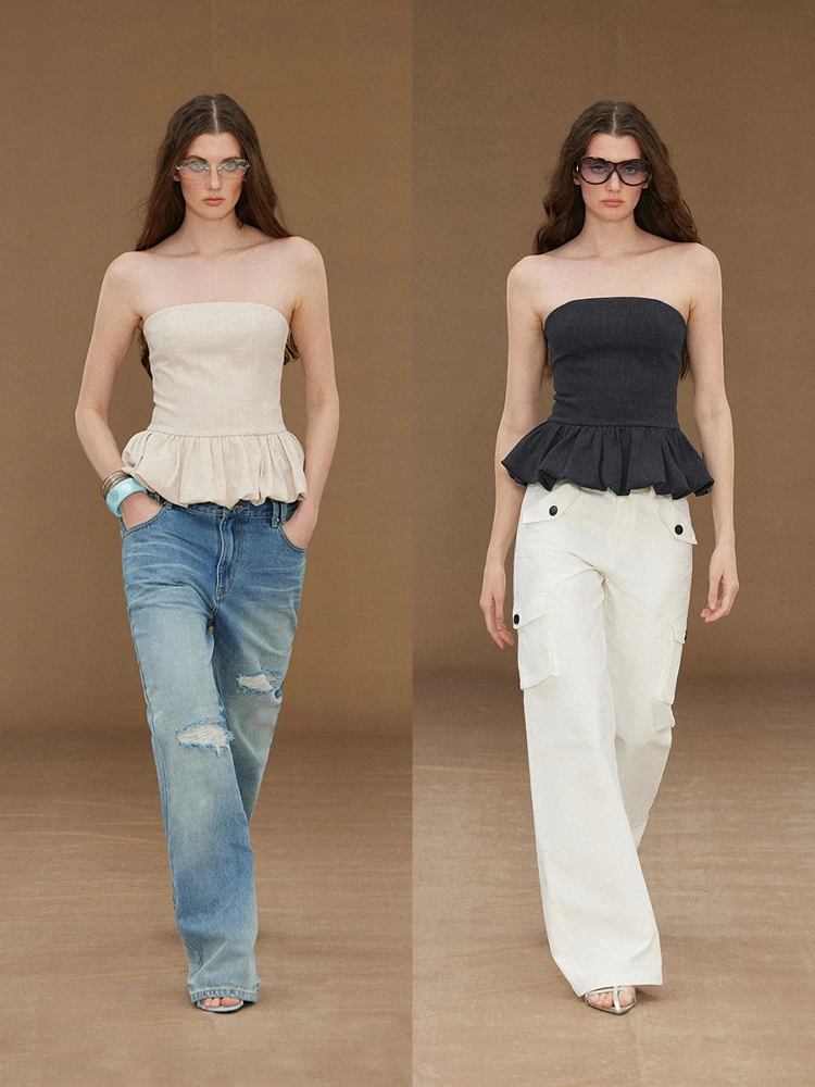 

Randpickee Retro Series Ruffle Hem Elastic Bandeau Top Women's Original Design Polyester Summer Fashion Ladies' Clothing