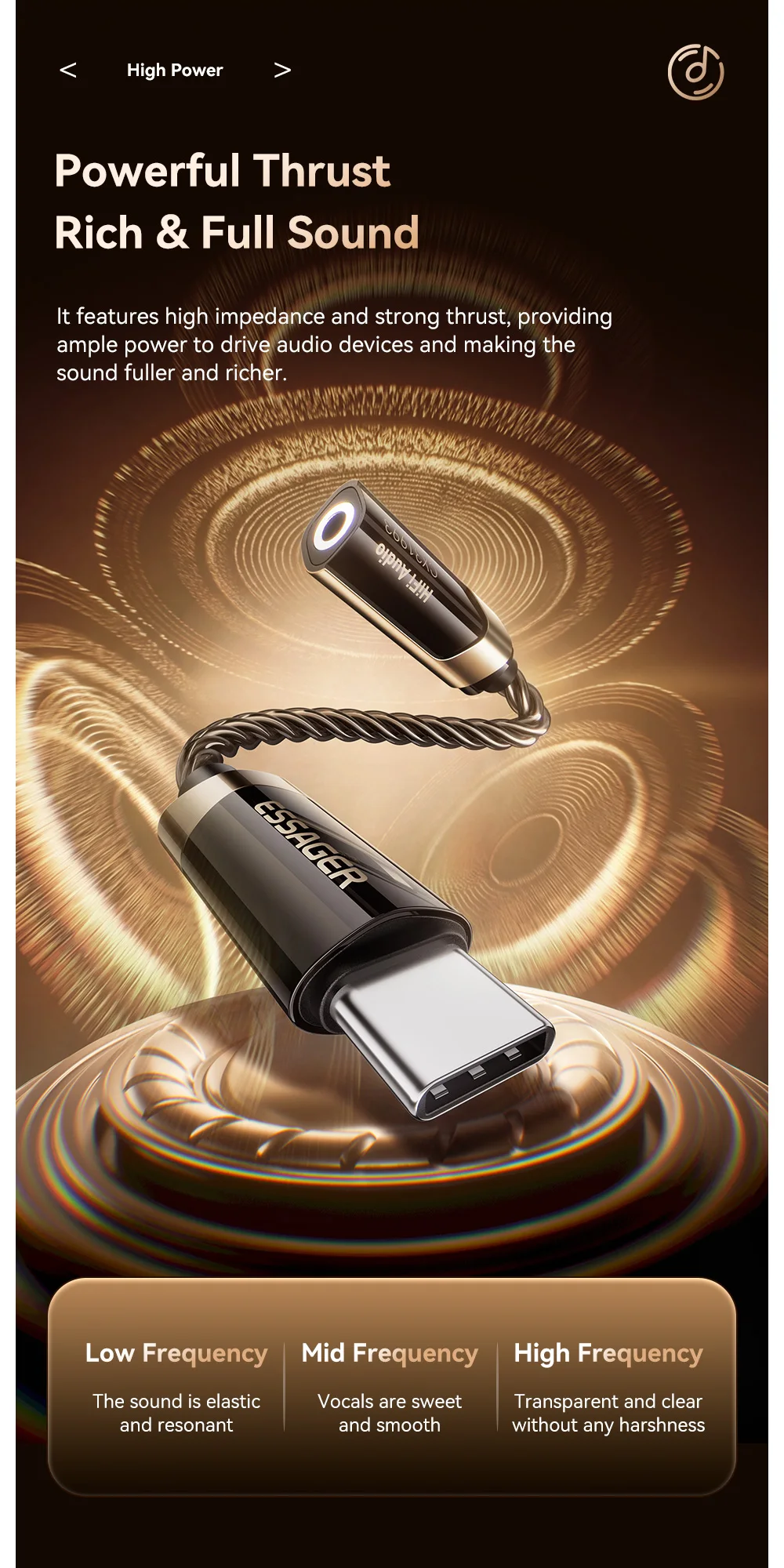 Essager HiFi Audio Adapter Type-C to 3.5mm Jack Headphone Aux Cable OTG for iPhone 17/16/15 pro Max - Hi-Fi Sound Quality