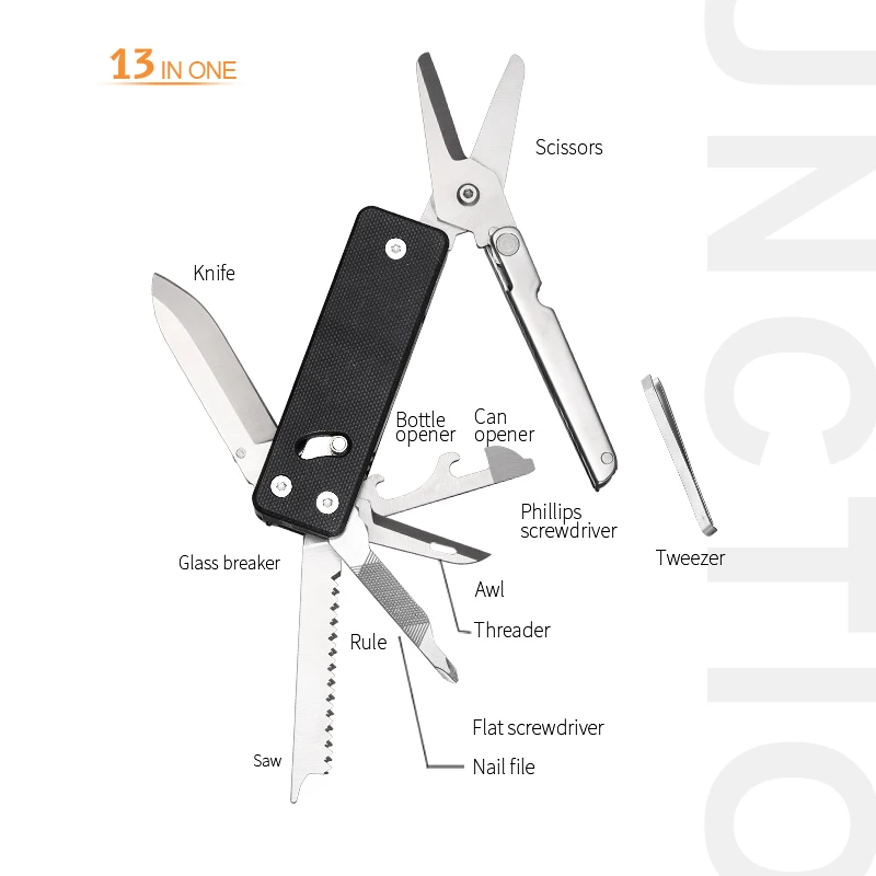 ROXON KS2EMulti-function pocket knife with big scissor tool, G10 handle and Pocket clip, 13 functions in 1 tool, good for Campin