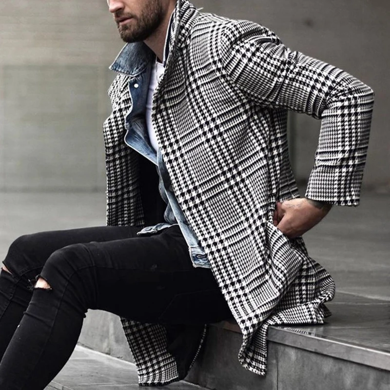 Checkered Lapel Wind Coat Men Loose Comfortable Retro Fashionable Versatile Single Breasted Autumn Winter New Mid Length Jacket