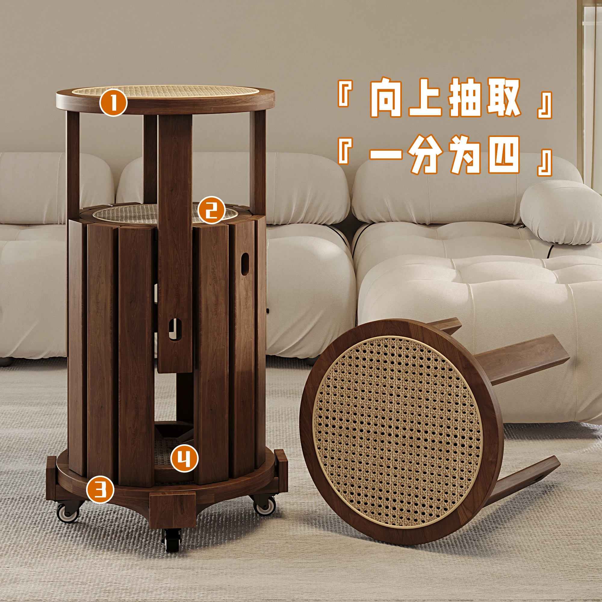 Solid wood stool household stackable spare dining table creative antique rattan weaving