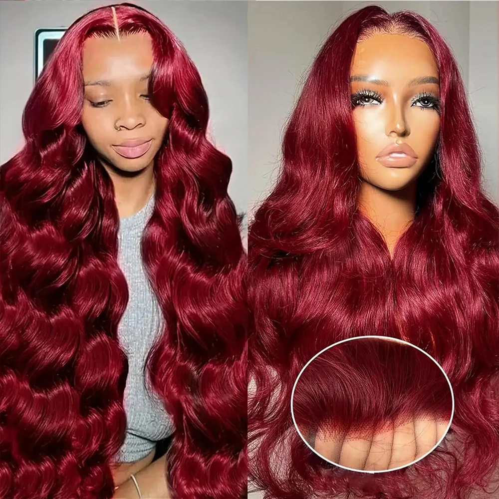 Perruque Lace Front Wig Body Wave Naturelle, Cheveux Humains, Couleur Bordeaux 99J, 4x4, 13x6, HD