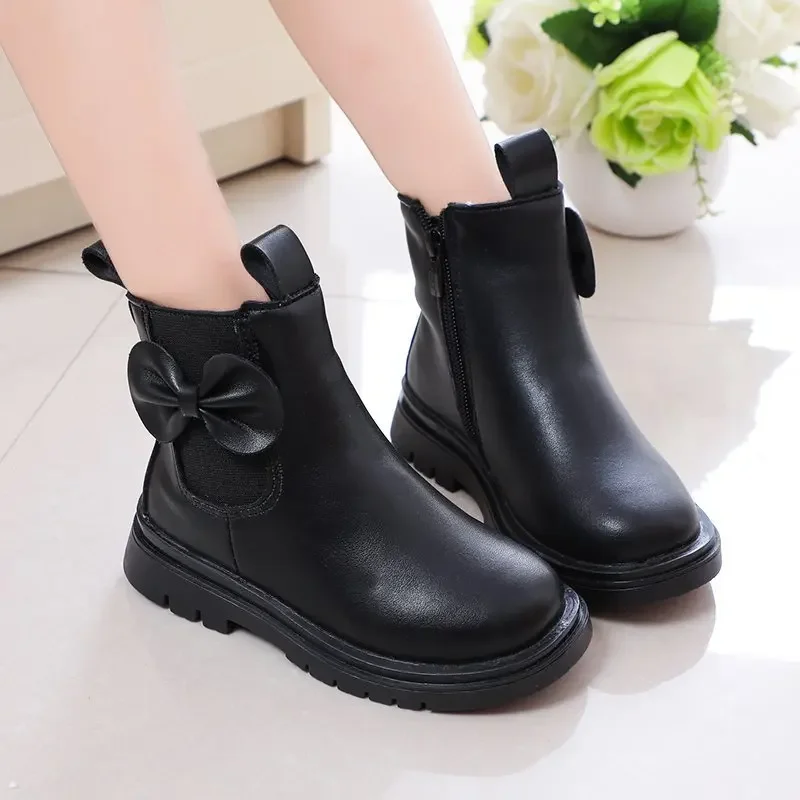 Girls Chelsea Boots Fashion Ankle Boots with Bowtie Princess Autumn Winter Kids Shoes Children Rubber Boots Warm Soft Classic