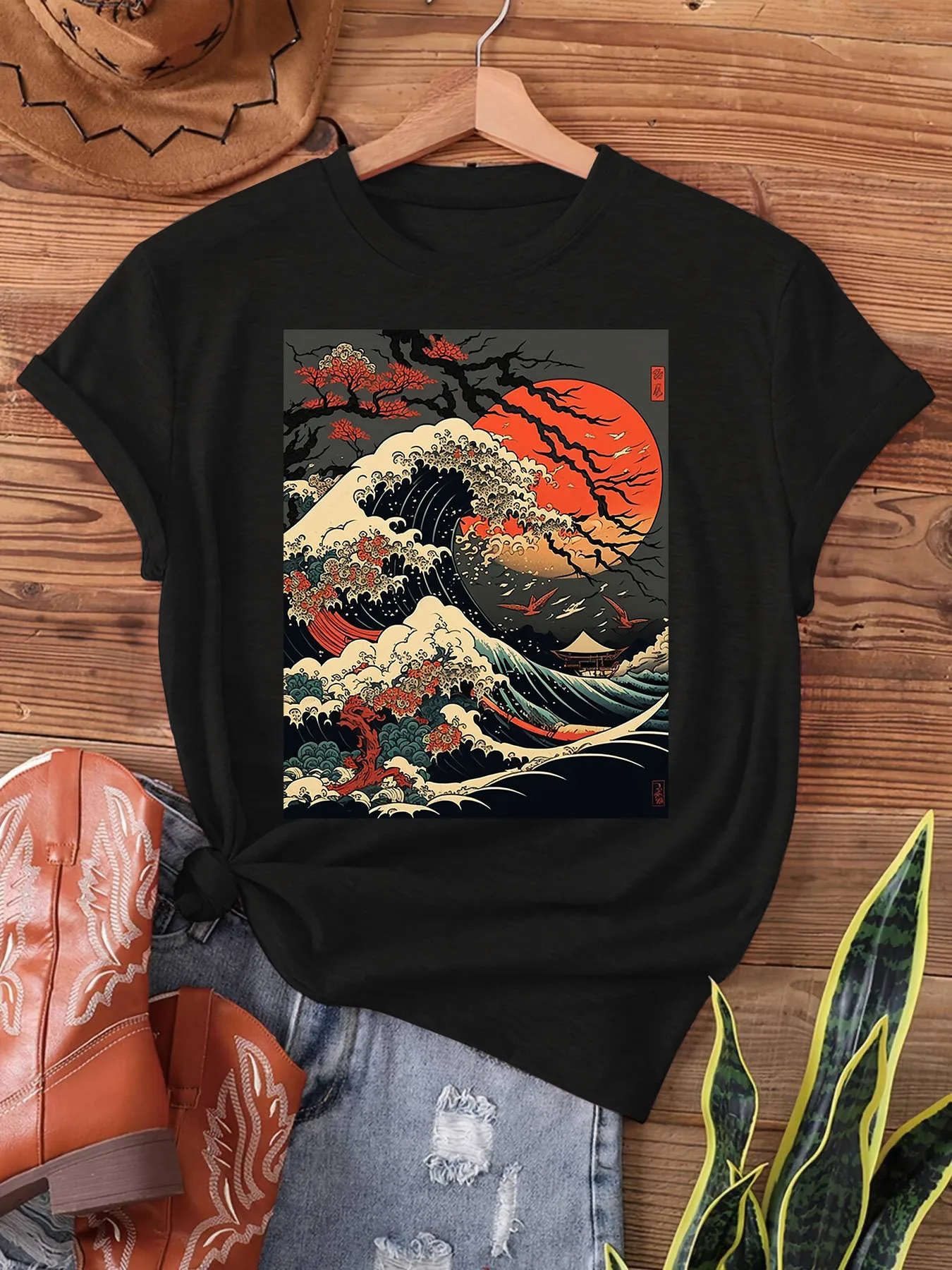 

Женская винтажная футболка Great Wave Off Kanagawa & Cherry Blossoms с художественным принтом, мужская футболка большого размера, хлопковая свободная футболка унисекс, всесезонная