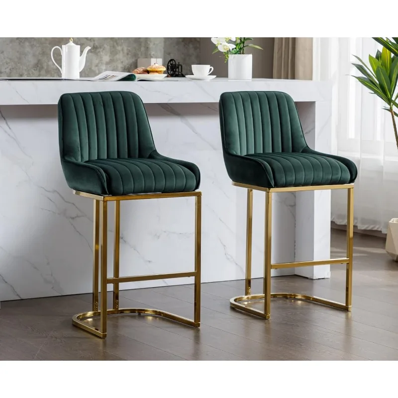 Green Modern Counter Height Bar Stools Set of 2 Comfortable Velvet Upholstered Breakfast Barstools with Back and Gold Base