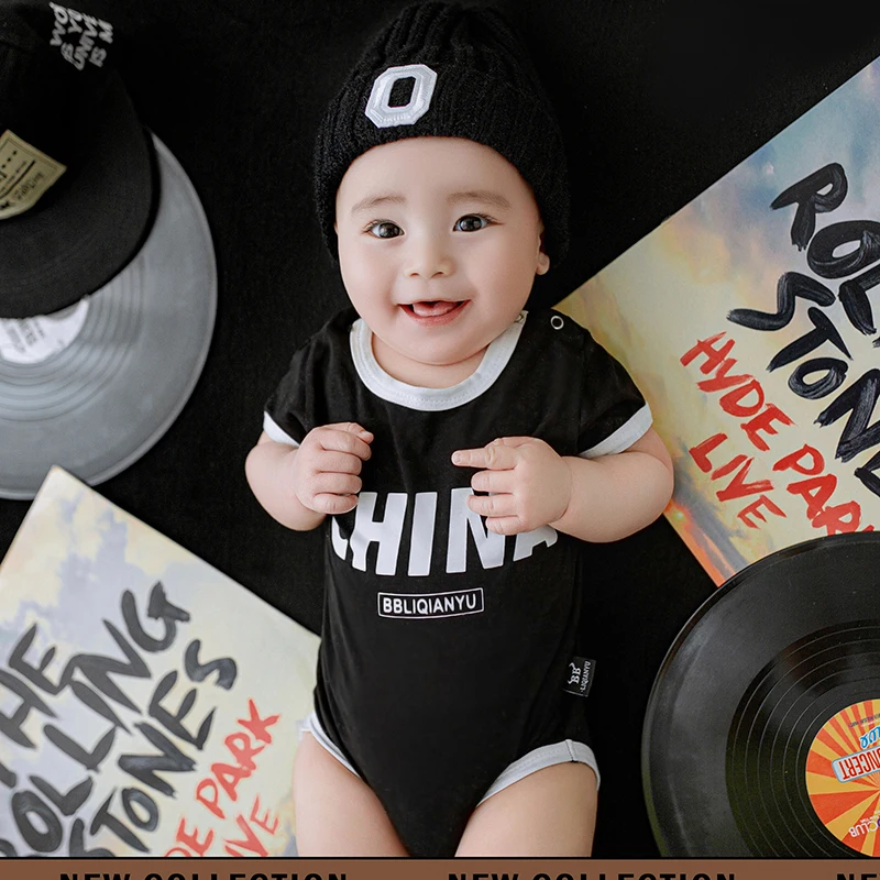 Cool Boy Photo Clothing Hip-Hop Theme Necklace Peaked Cap 3-5 Months Baby Clothing + Hat + Headscarf Set  Baby Photography Props