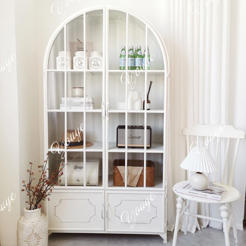 

French American Vintage Country Glass Open Door Cabinet Dining Side Locker Storage Display Bookcase Storage Wine Storage