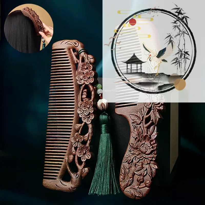 Natural Sandalwood Combs Solid Wood Exquisite Carving Lotus Comb Anti-Static Beard Comb Handicraft Hair Styling Gift's Gift