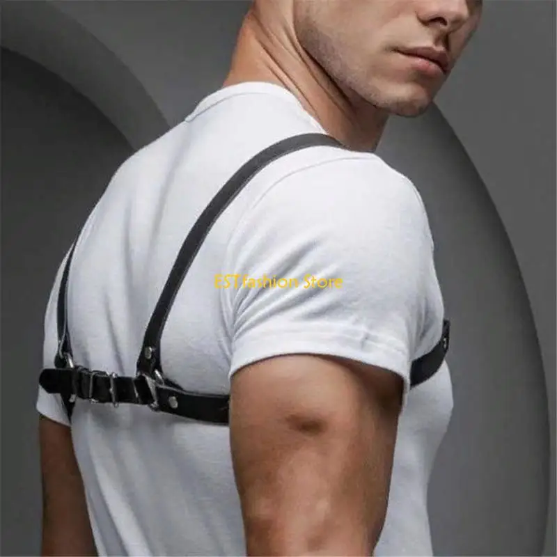 Y5GC 남자 가슴 하네스 섹스 구속 붕대 가슴 하네스 조정 가능한 펑크 인조 가죽 벨트 남성용 버클 링