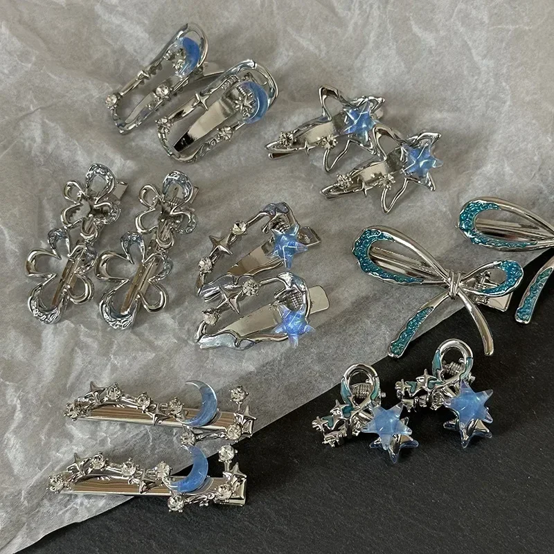 Y2K Blue Silver Alloy Hair Clip Korean Simple Girls Blue Rhinestone Star Metal Duckbill Clip Bangs Side Clip Hair Accessories