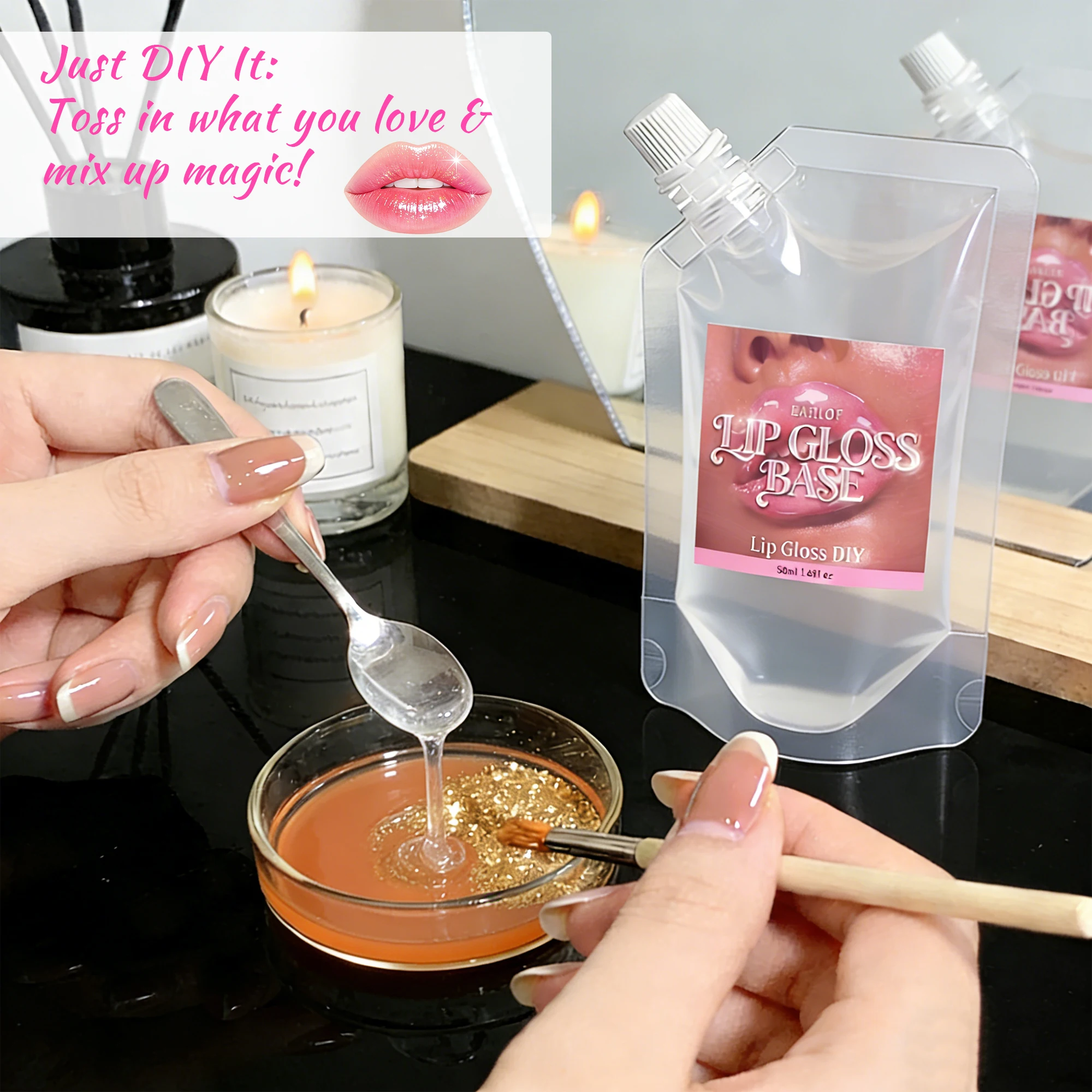 DIY lip gloss gel for perfect shine, non-sticky, transparent, moisturizing, odorless, blending magic, tinted, scented,shimmering