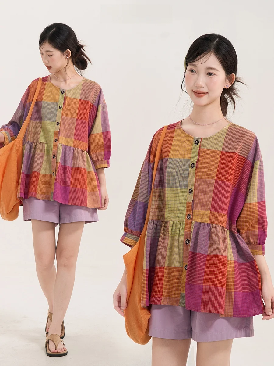 

Heme Floral Field Window Plaid Summer 7/8 Sve Doll irt Women's Faionable Cotton Sweet Sle Loose Fit irt