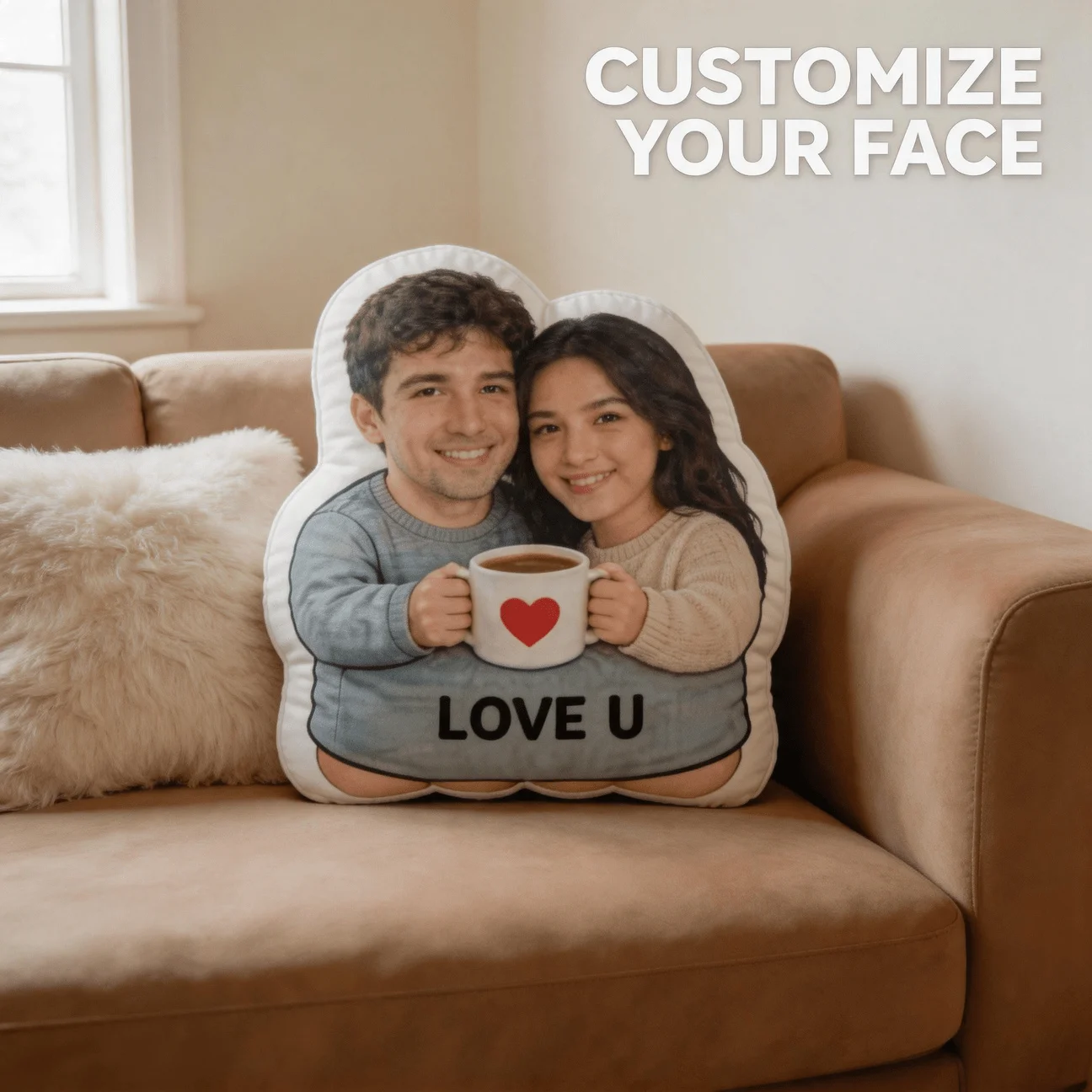 Personalized couple photo shaped pillow, romantic hug custom portrait decoration cushion, 60cm large-sized finishing touch pillo