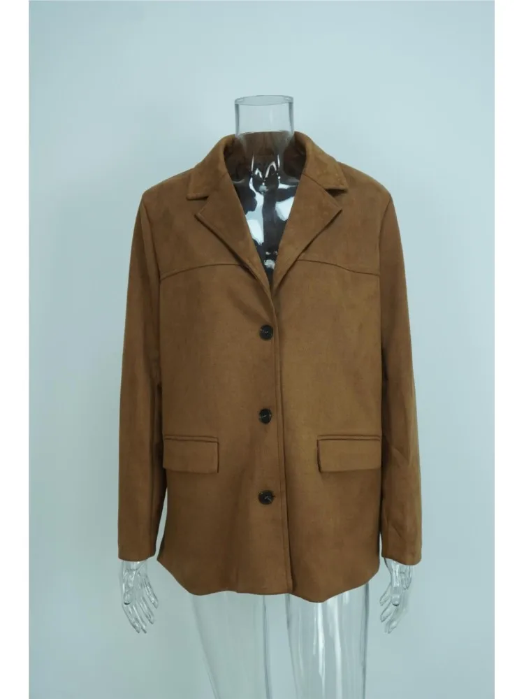 

Осень-зима винтажный коричневый пиджак женский замшевый кожаный пиджак модные однобортные свободные пальто с лацканами офисная женская верхняя одежда