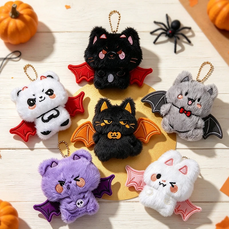6PCS Halloween Plush Keychain Set, Cute Bat Wing Animal Bag Charms, Soft Stuffed Pendant for Backpack Keys Party Gift