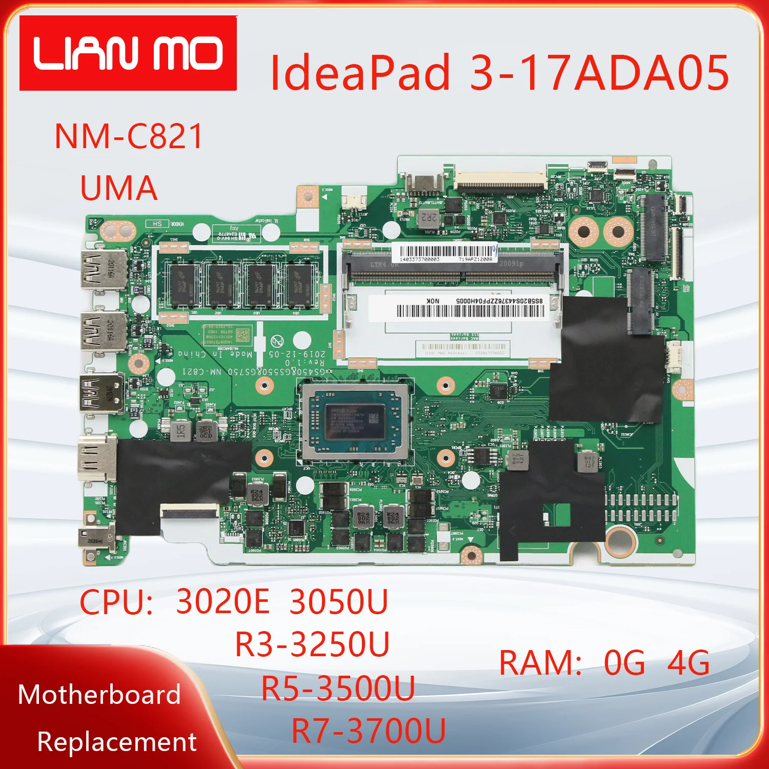 NM-C821 For Lenovo IdeaPad 3-17ADA05 Laptop Motherboard CPU:3020E 3050U R3 R5 R7 RAM:0G/4G FRU:5B20S44376 5B20S44378 UMA