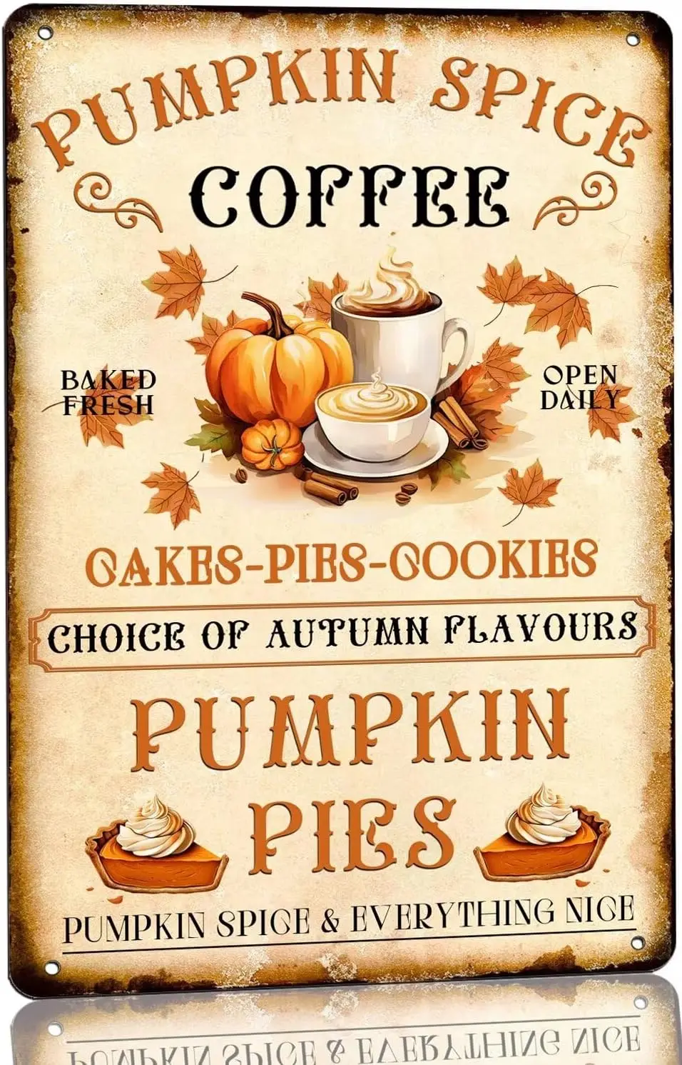 (Pintura en Lata 2D) Letreros de Café con Especias de Calabaza, Letrero Metálico Retro Vintage, Decoración de Otoño para el Hogar