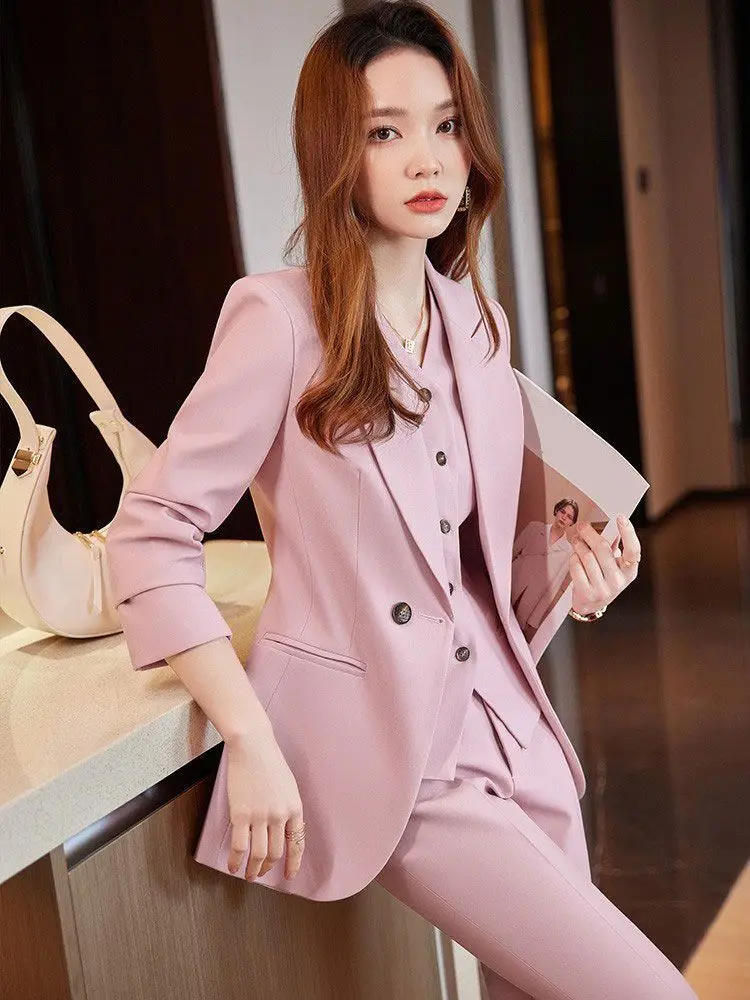 

Insozkdg New British Style Blazer V-neck Vest Wide Leg Pants Setd Retro Solid Waist Closing Suit Vest Long Pant Three Piece Set