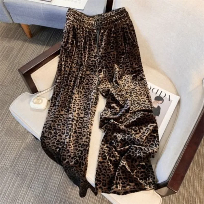 Pantaloni a gamba larga con stampa leopardata a vita alta estetica per donna Pantaloni casual larghi Y2k Abbigliamento alla moda 2025