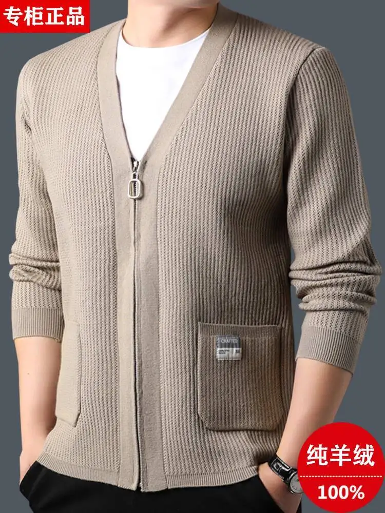 Men's 2025 Autumn Winter New V Neck Cashmere Cardigan Zip Sweater Jacket Trendy Casual Knit Wool Outerwear