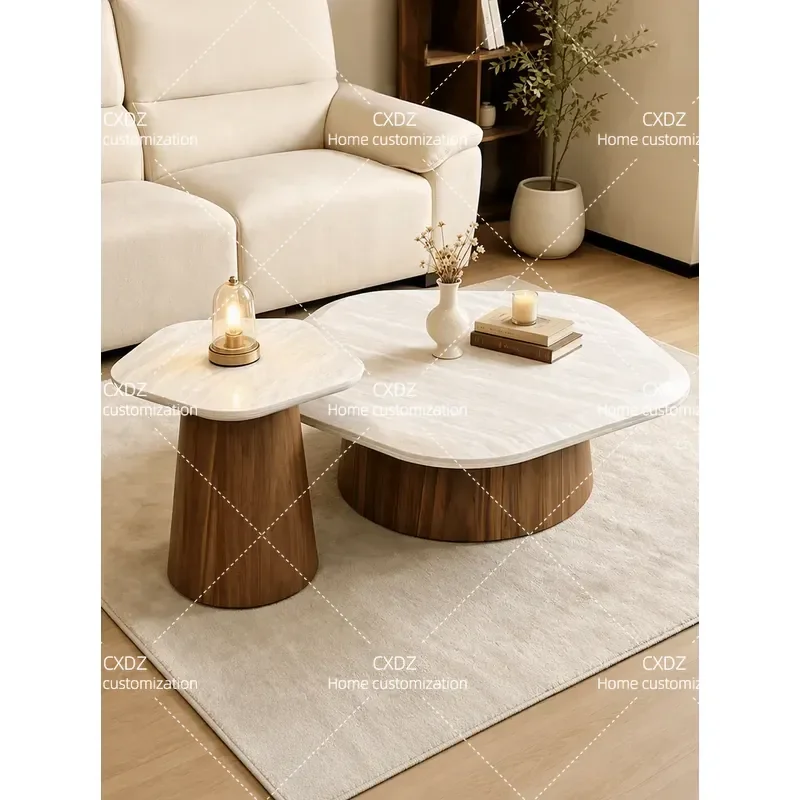 Imitation travertine texture coffee table combination creative size round walnut  light luxury parquet pattern living