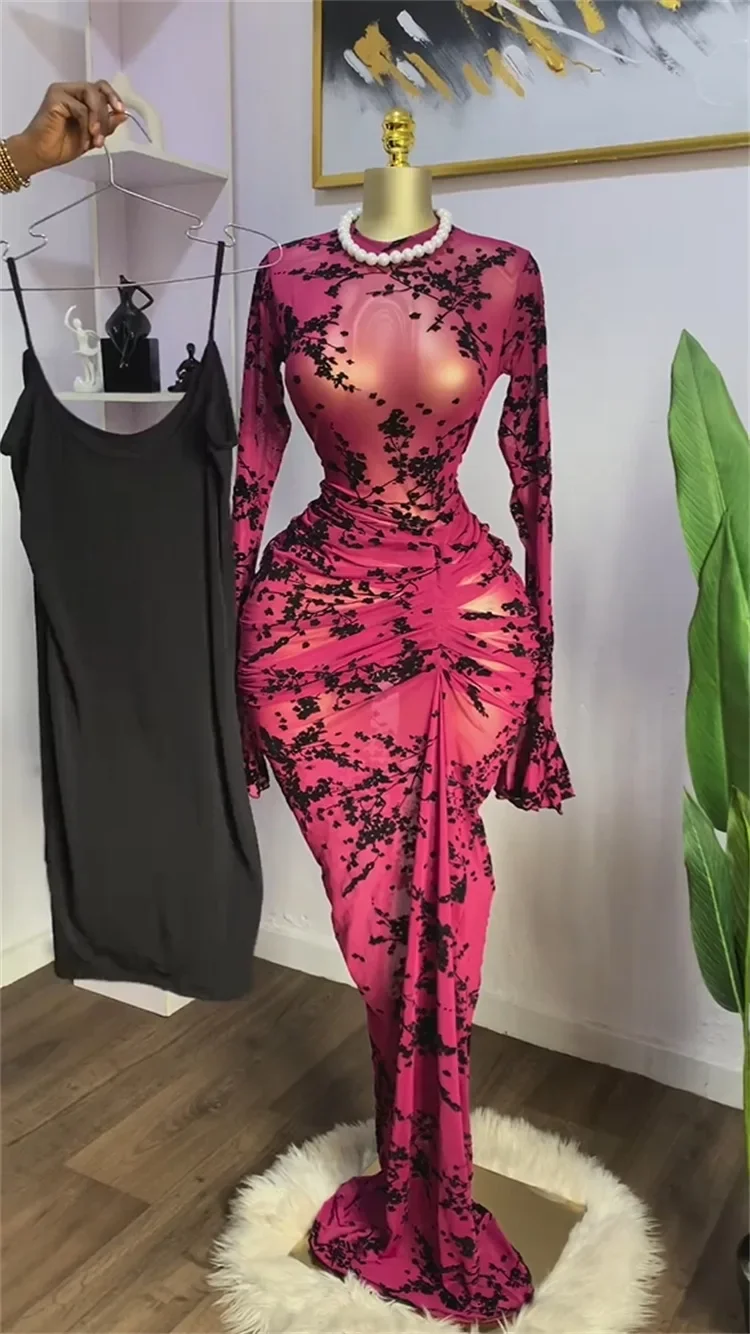 2025 المرأة طويلة الأكمام Ruched شبكة انظر على الرغم من مع بطانة Bodycon فستان طويل الخريف مساء فساتين حفلات عيد ميلاد مثير