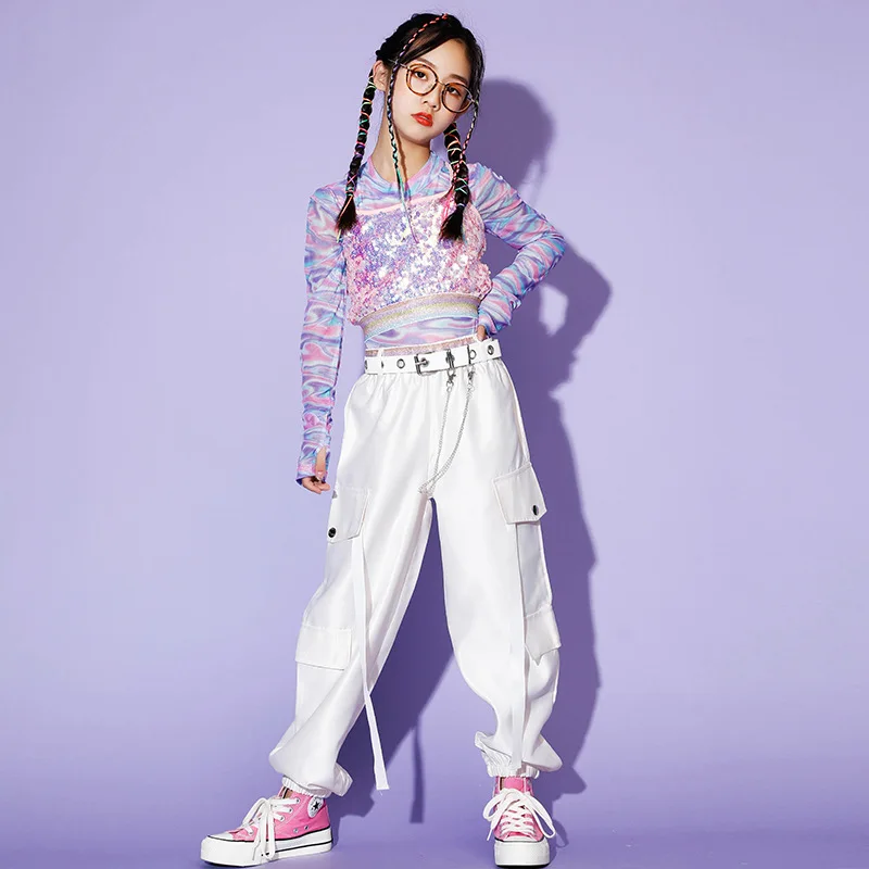 Mädchen Rosa Crop Top Pailletten Leibchen Jogger Hose Kind Hip Hop Kleidung Set Kind Street Dance Kostüm Mädchen Jazz Modern Dance Anzug