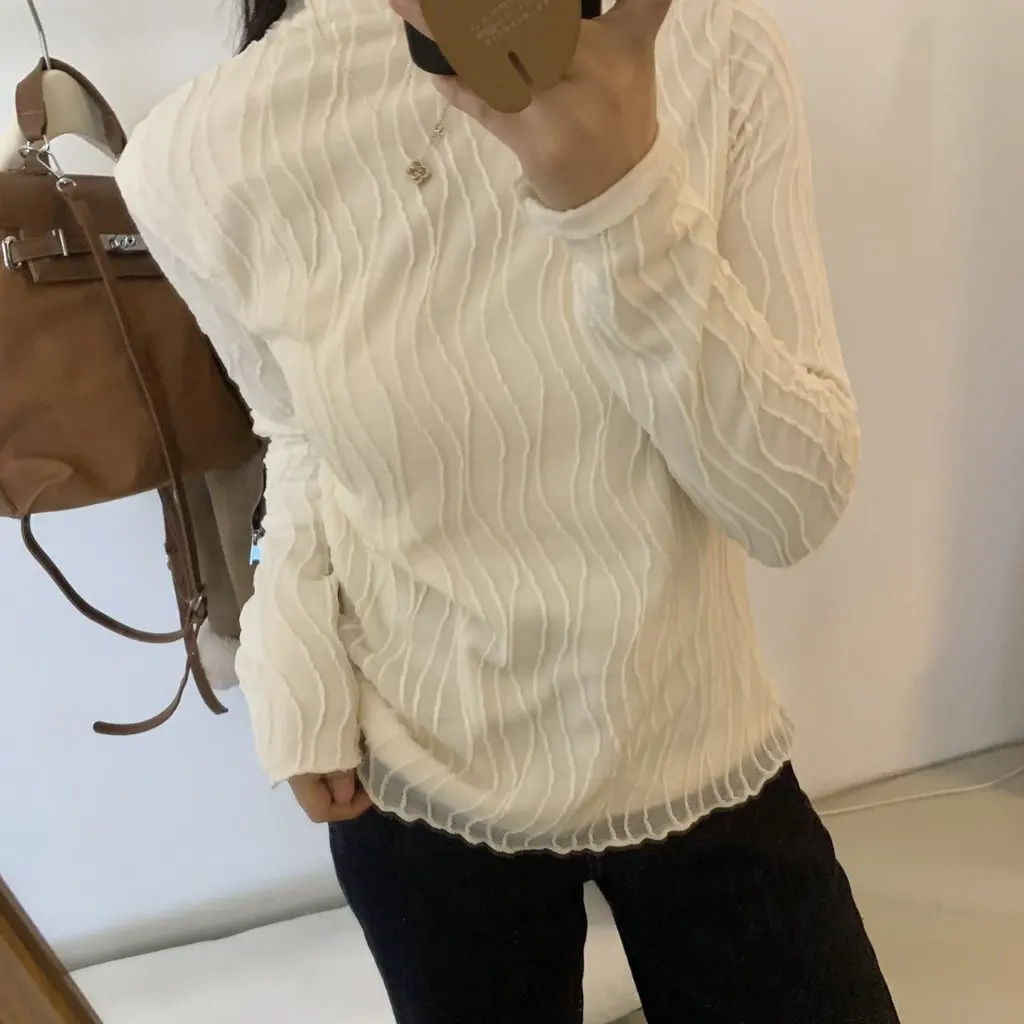 B2XH-12046 Women's Fleece-Lined 3D Wave Pullover Shirt Korean Style Winter Fashion Bottoming Top for Ladies