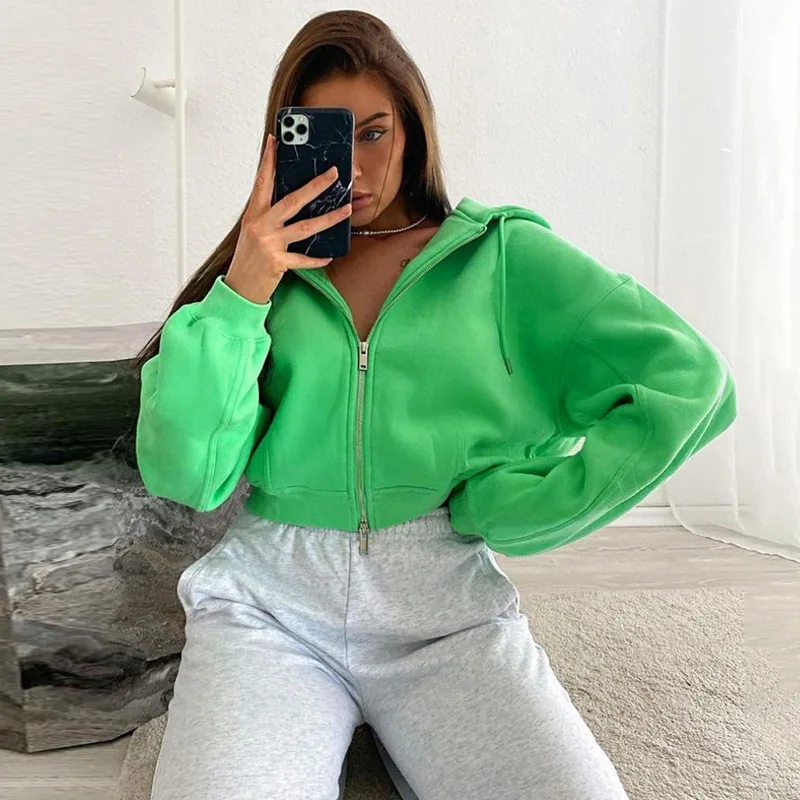 

Women's Green Long-sleeved Metal Zipper Cardigan Loose Oversized Crop Top Short Jacket Autumn and Winter Hooded Sweater Coats