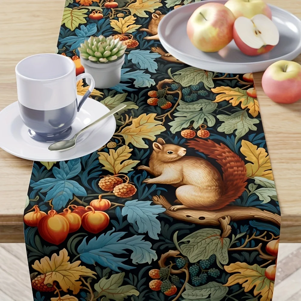 

Autumn Squirrel Print Linen Table Runner Party Decor Fall Maple Leaf Table Runners Kitchen Table Decor Thanksgiving Decorations